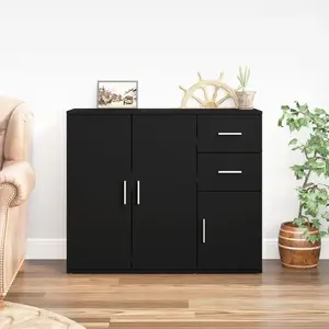 VidaXL Buffet Noir Bois D'Ingénierie - Armoire Rangement 2 Compartiments 3 Tiroirs, Commode Salon Moderne Avec Pieds Métal, Meuble Cuisine Chambre Bureau