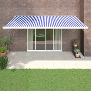 Comparateur de prix : vidaXL Auvent rétractable bleu et blanc 5x3 m tissu et aluminium