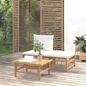 vidaXL Salon de jardin 3 pcs avec coussins blanc crème bambou pas cher