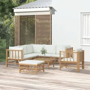 vidaXL Salon de jardin 8 pcs avec coussins blanc crème bambou pas cher