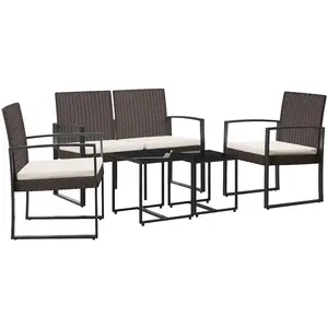 vidaXL Ensemble à manger de jardin 5 pcs et coussins marron rotin PP pas cher
