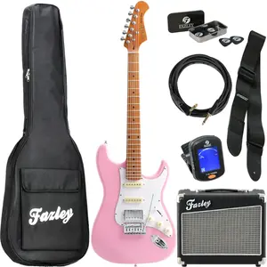 Comparateur de prix : Fazley Sunset Series Dawn HSS Shell Pink pack débutant guitare électri...