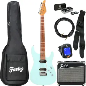 Comparateur de prix : Fazley Sunset Series Sand Shark Sky Blue pack débutant guitare électri...