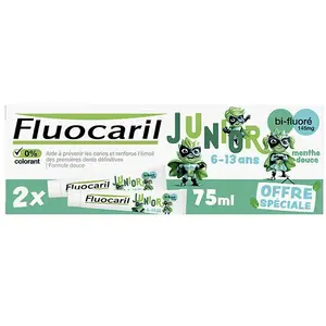 Comparateur de prix : Fluocaril Junior, Dentifrice 6-12ans, Menthe Douce, 2x75ml