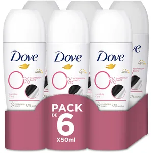Dove 0% Déodorant Roll On 48h Original Sans Aluminium Ni Alcool pour Femme avec 1/4 Crème Hydratante 6X50ml