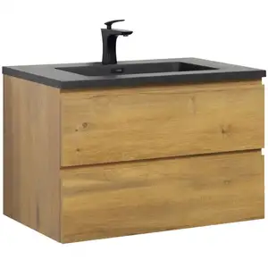 Comparateur de prix : Meuble de salle de bain Angela 80 cm - lavabo noir - Chêne - Armoire