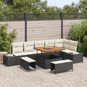 vidaXL Canapés de jardin 9 pièces avec coussins noirs en poly rattan pas cher