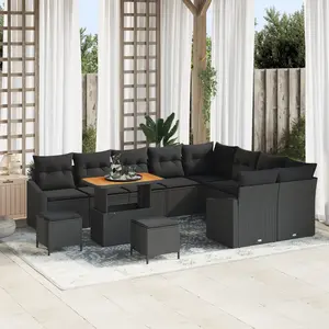vidaXL Ensemble de Canapés de Jardin 12 Pièces avec Coussins Noir Poly Rattan Acacia pas cher