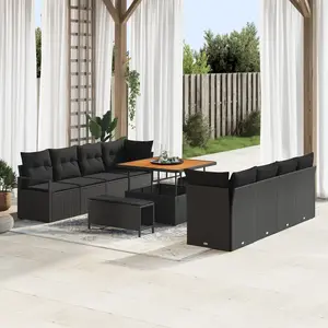 vidaXL Set de Canapé de Jardin - 11 pièces avec Coussins Noir, Poly Rattan, Acacia pas cher