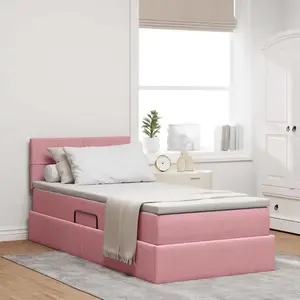 vidaXL Lit avec rangement et LED avec matelas Rose 100 x 200 cm Velours pas cher
