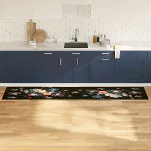 Comparateur de prix : vidaXL Tapis de Cuisine Floral Noir 300 x 60 cm Velours