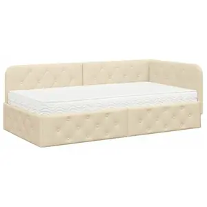 vidaXL Cadre de lit d'angle avec matelas Crème 90 x 190 cm tissu pas cher