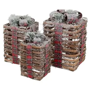 ECD Germany Lot de 3 boîtes cadeaux LED en rotin éclaraige blanc chaud décoration de Noel pas cher
