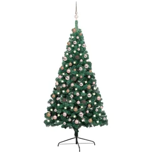 The Living Store - Demi-arbre de Noël artificiel pré-éclairé et boules vert 180 cm Vert pas cher