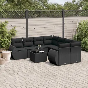 vidaXL Salon de jardin 9 pcs avec coussins noir résine tressée pas cher