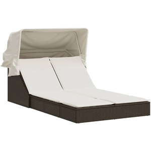 vidaXL Chaise longue double avec auvent et coussins marron poly rotin