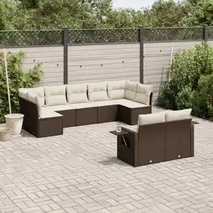 vidaXL Salon de jardin avec coussins 9 pcs marron résine tressée pas cher