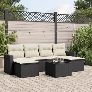 vidaXL Salon de jardin 7 pcs avec coussins noir résine tressée pas cher