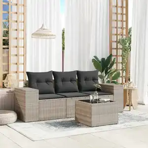 vidaXL Salon de jardin 4 pcs avec coussins gris clair résine tressée pas cher