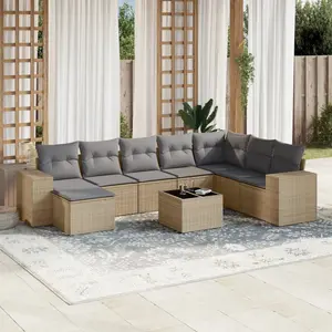 vidaXL Salon de jardin avec coussins 9 pcs beige résine tressée pas cher