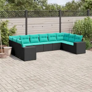 vidaXL Salon de jardin 10 pcs avec coussins noir résine tressée pas cher