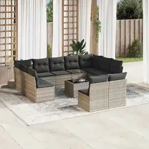 vidaXL Salon de jardin avec coussins 12 pcs gris clair résine tressée pas cher