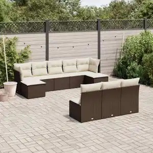 vidaXL Salon de jardin 10 pcs avec coussins marron résine tressée pas cher