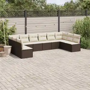 vidaXL Salon de jardin 10 pcs avec coussins marron résine tressée pas cher