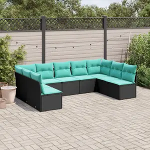 vidaXL Salon de jardin 9 pcs avec coussins noir résine tressée pas cher