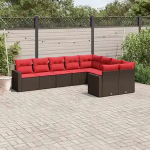 vidaXL Salon de jardin avec coussins 9 pcs marron résine tressée pas cher