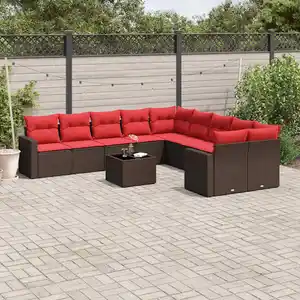 vidaXL Salon de jardin et coussins 11 pcs marron résine tressée pas cher