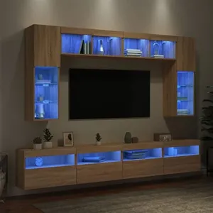 Comparateur de prix : vidaXL Ensemble de meubles TV muraux 8pcs et lumières LED chêne sonoma
