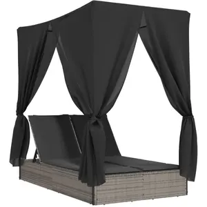 Comparateur de prix : vidaXL Chaise longue double avec toit et rideaux gris résine tressée