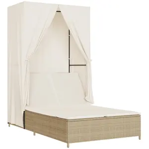 vidaXL Chaise longue double avec toit et rideaux beige résine tressée pas cher