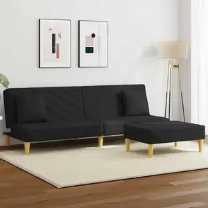vidaXL Canapé-lit à 2 places et oreillers et repose-pied noir tissu pas cher