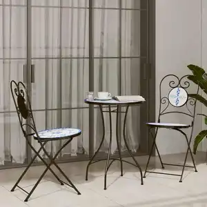 vidaXL Ensemble de bistro mosaïque bleu et blanc fer et céramique pas cher