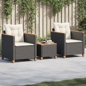 vidaXL Ensemble de bistro 3 pcs et coussins noir résine tressée acacia pas cher