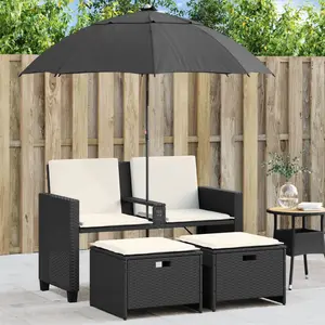 Comparateur de prix : vidaXL Canapé de jardin 2 places avec parasol et tabourets noir rotin