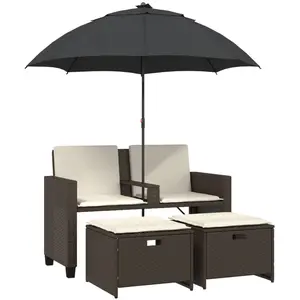 Comparateur de prix : vidaXL Canapé de jardin 2 places et parasol et tabourets marron rotin