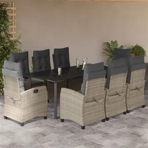 vidaXL Ensemble à manger de jardin et coussins 9 pcs gris clair rotin pas cher