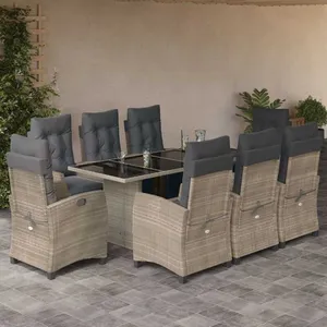 vidaXL Ensemble à manger de jardin et coussins 9 pcs gris clair rotin pas cher
