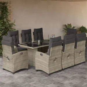 Comparateur de prix : vidaXL Ensemble à manger de jardin et coussins 9 pcs gris clair rotin