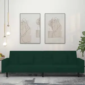 vidaXL Canapé-lit à 2 places avec deux oreillers Vert foncé Velours pas cher
