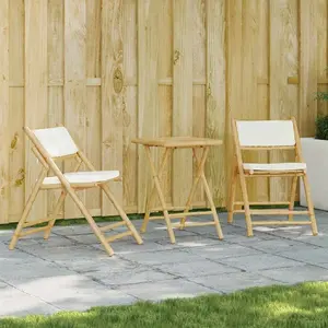 vidaXL Ensemble de bistro pliante 3 pcs et coussins blanc crème bambou pas cher