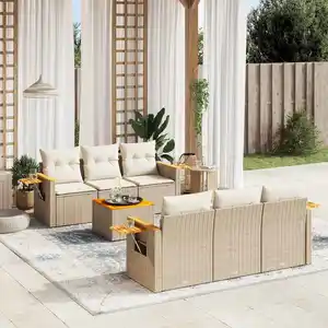 vidaXL Salon de jardin avec coussins 7 pcs beige résine tressée pas cher
