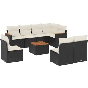 vidaXL Salon de jardin 9 pcs avec coussins noir résine tressée pas cher