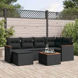 vidaXL Salon de jardin 7 pcs avec coussins noir résine tressée pas cher