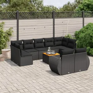 vidaXL Salon de jardin 10 pcs avec coussins noir résine tressée pas cher