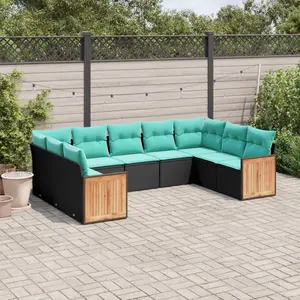 vidaXL Salon de jardin 9 pcs avec coussins noir résine tressée pas cher