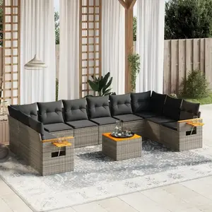 vidaXL Salon de jardin 11 pcs avec coussins gris résine tressée pas cher